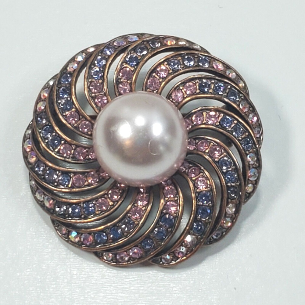 Vintage Copper Tone Metal Multi-Colored Rhinestones Faux Pearl Flower Brooch Pin